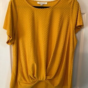 Mustard Swiss dot twist front top
